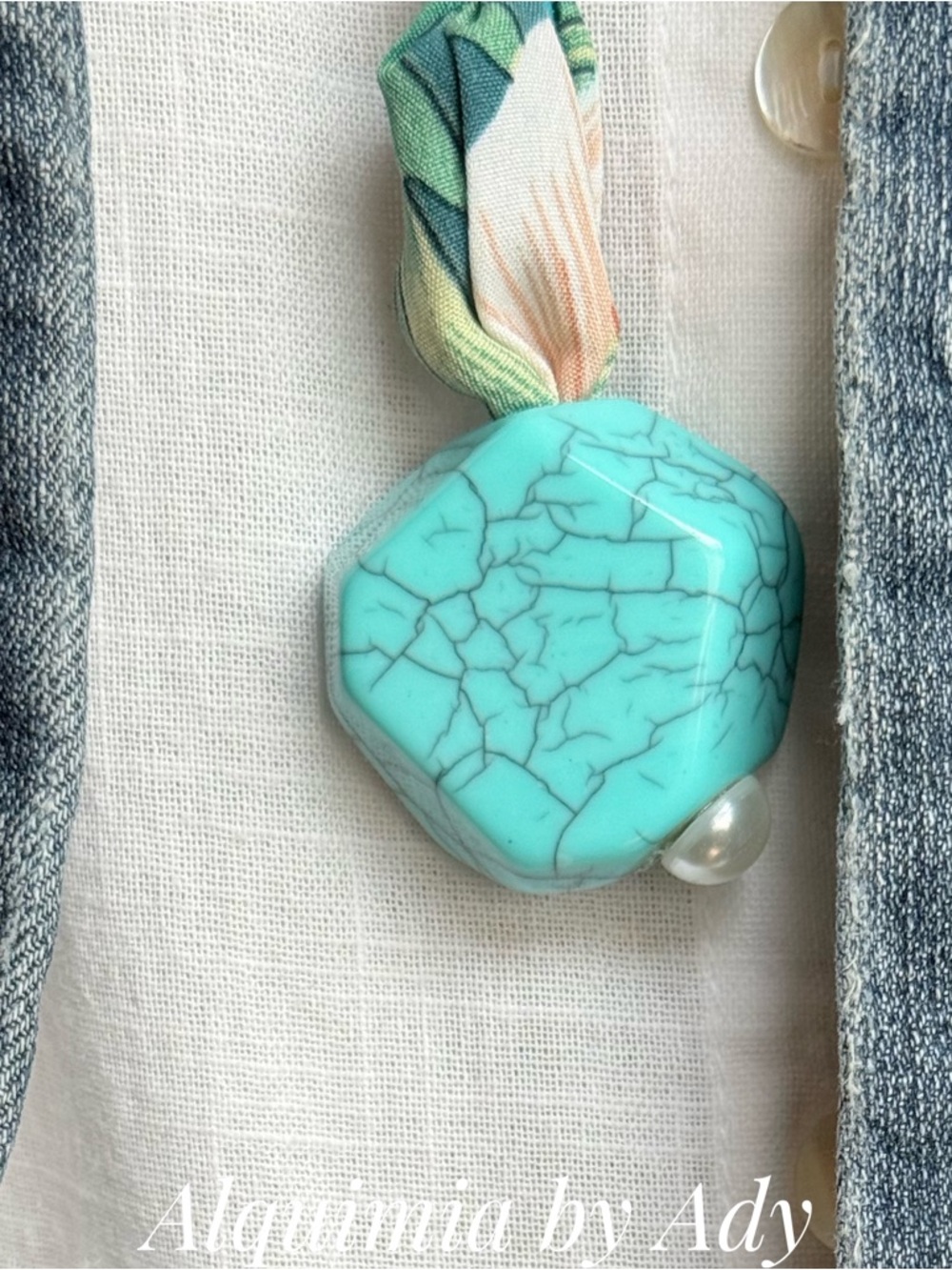 Exaggerated Turquoise acrylic Pendant Necklace with Teal Suede Cord - Picture 8 of 9